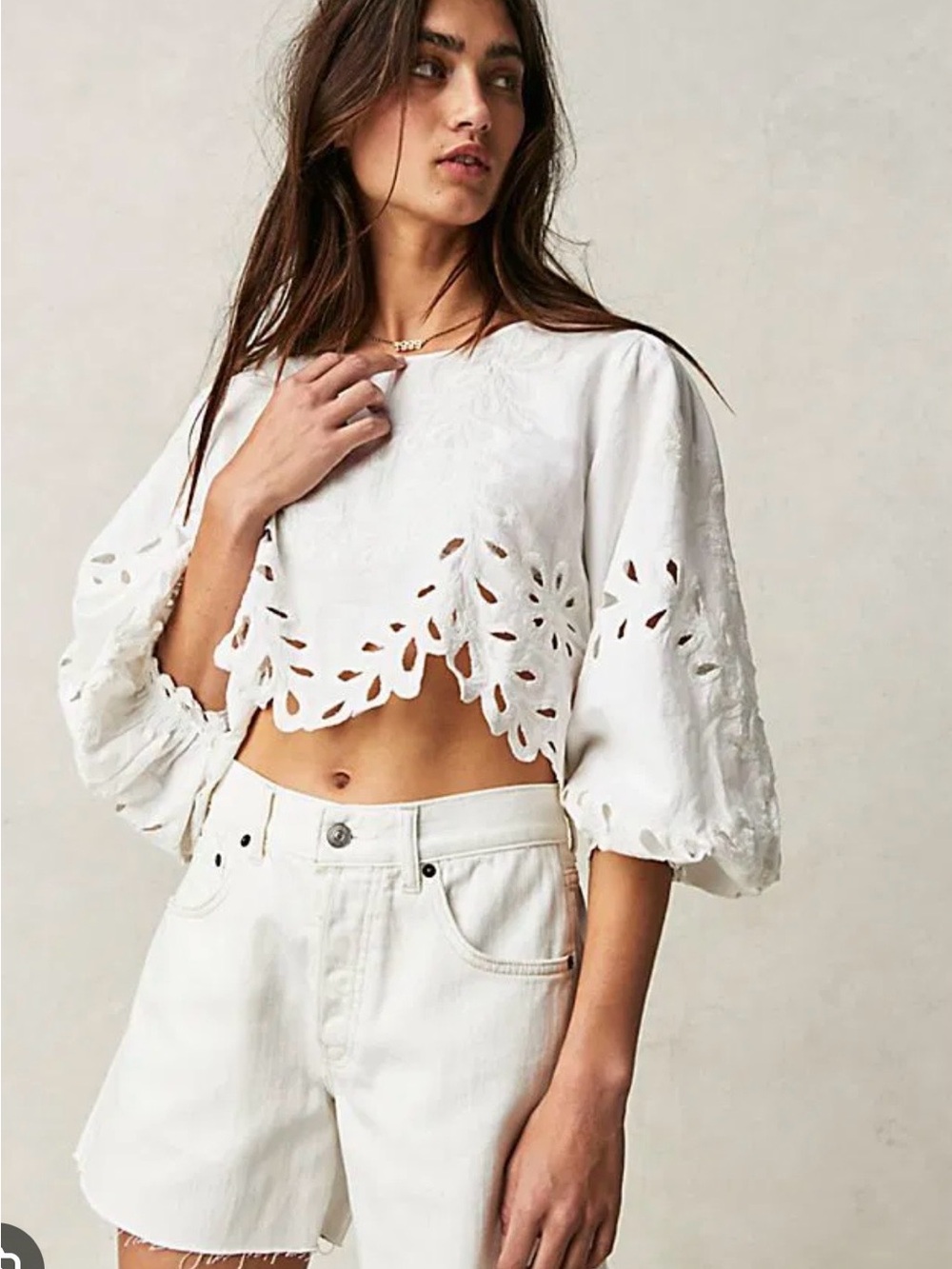 Free People White Eyelet Cropped Peasant Blouse - Women's Top